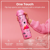 ION8 Leak Proof Slim Water Bottle, Stainless Steel, Flamingo, 600ml (20oz)