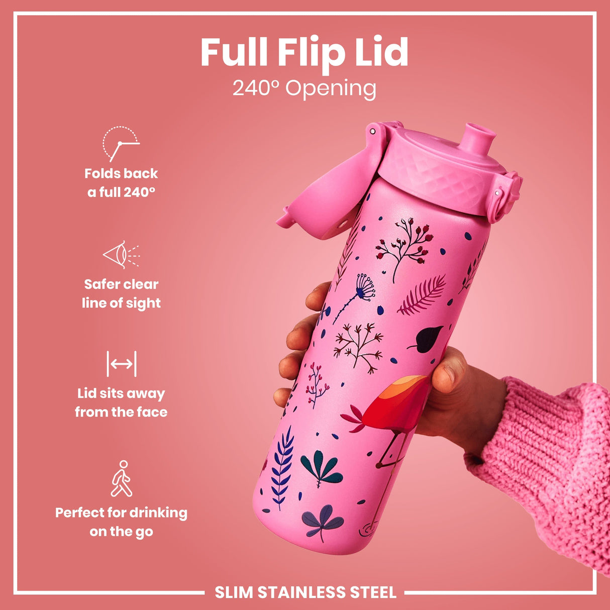 ION8 Leak Proof Slim Water Bottle, Stainless Steel, Flamingo, 600ml (20oz)