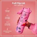 ION8 Leak Proof Slim Water Bottle, Stainless Steel, Flamingo, 600ml (20oz)
