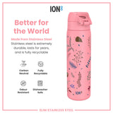 ION8 Leak Proof Slim Water Bottle, Stainless Steel, Flamingo, 600ml (20oz)