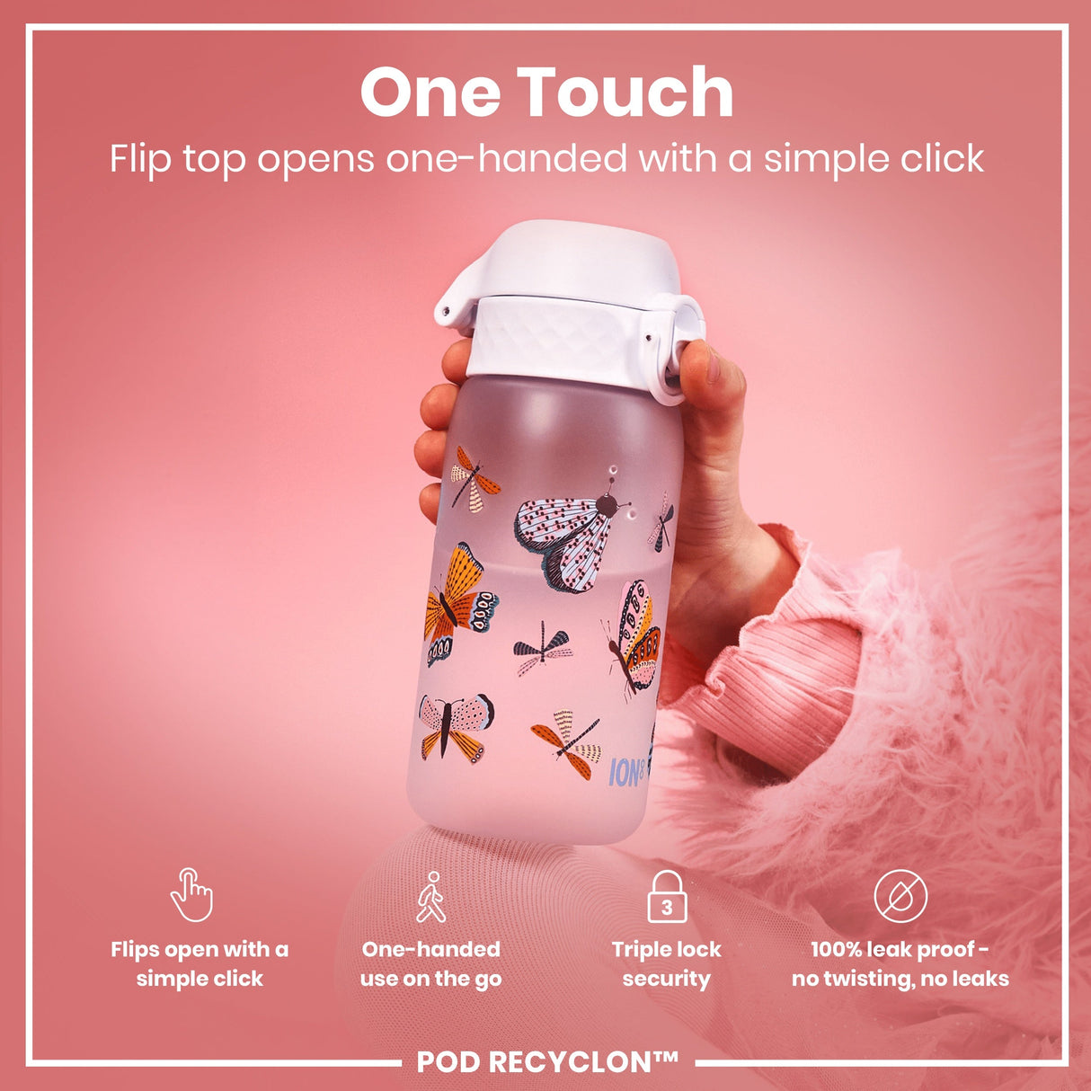 ION8 Leak Proof Kids Water Bottle, Recyclon, Butterflies, 350ml (12oz)