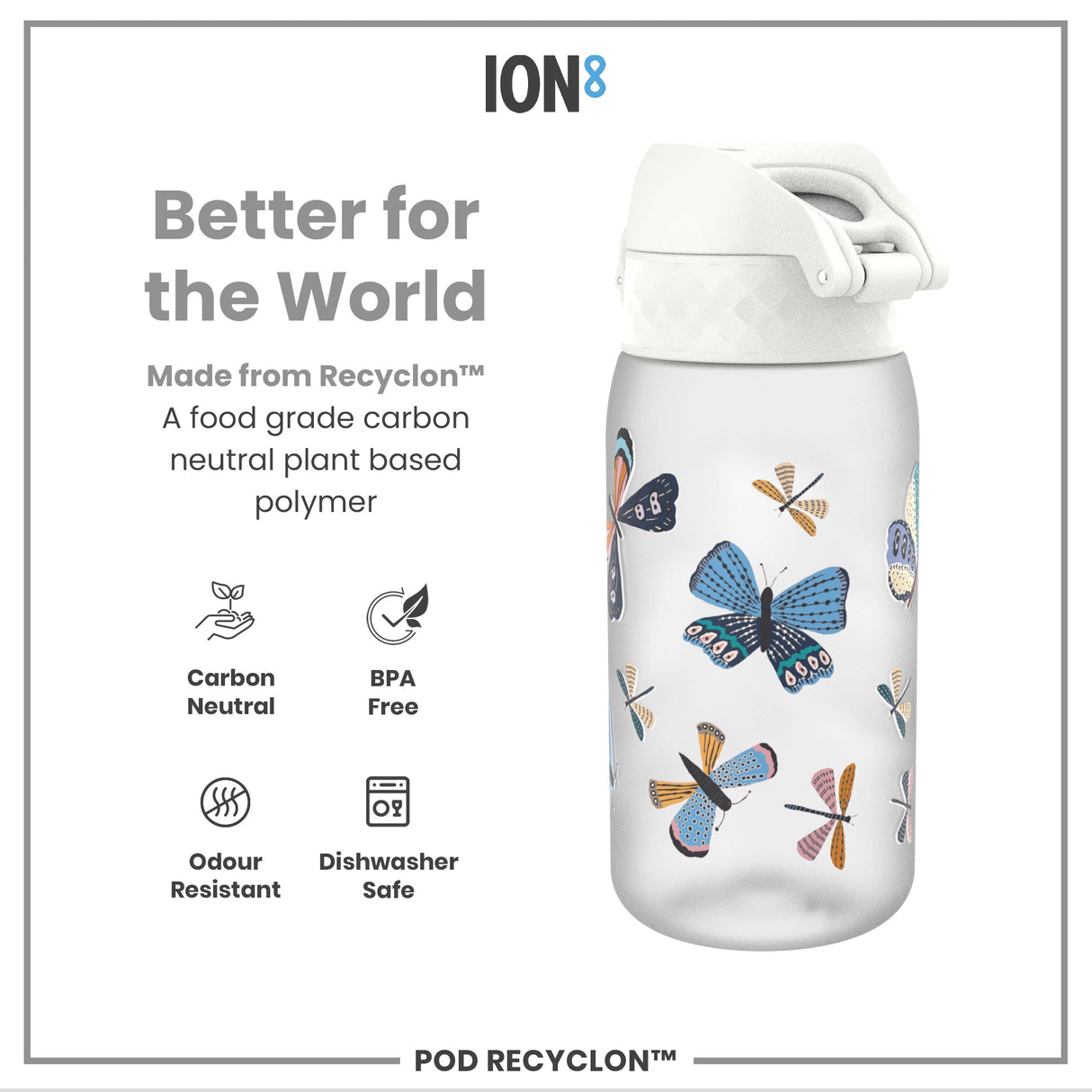 ION8 Leak Proof Kids Water Bottle, Recyclon, Butterflies, 350ml (12oz)