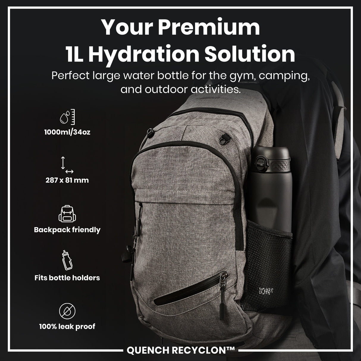 ION8 Leak Proof 1 litre Water Bottle, Recyclon, Black, 1L