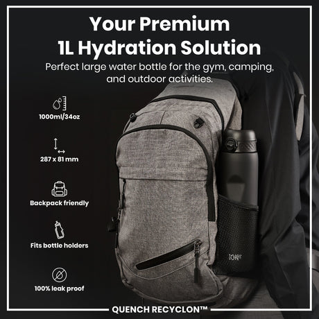 ION8 Leak Proof 1 litre Water Bottle, Recyclon, Black, 1L