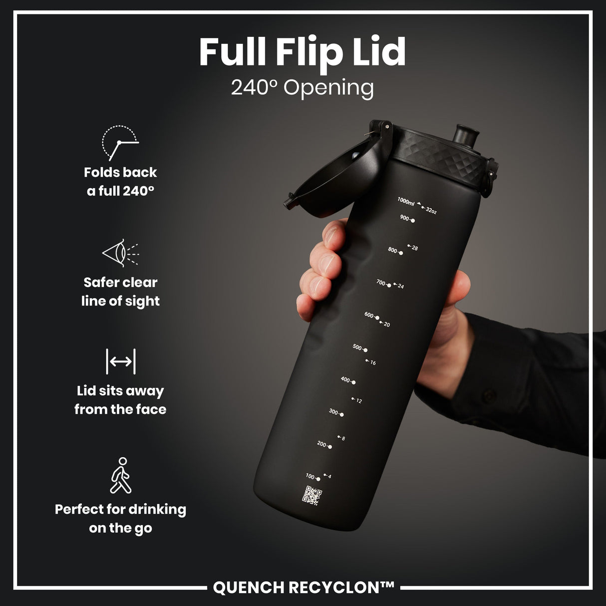 ION8 Leak Proof 1 litre Water Bottle, Recyclon, Black, 1L
