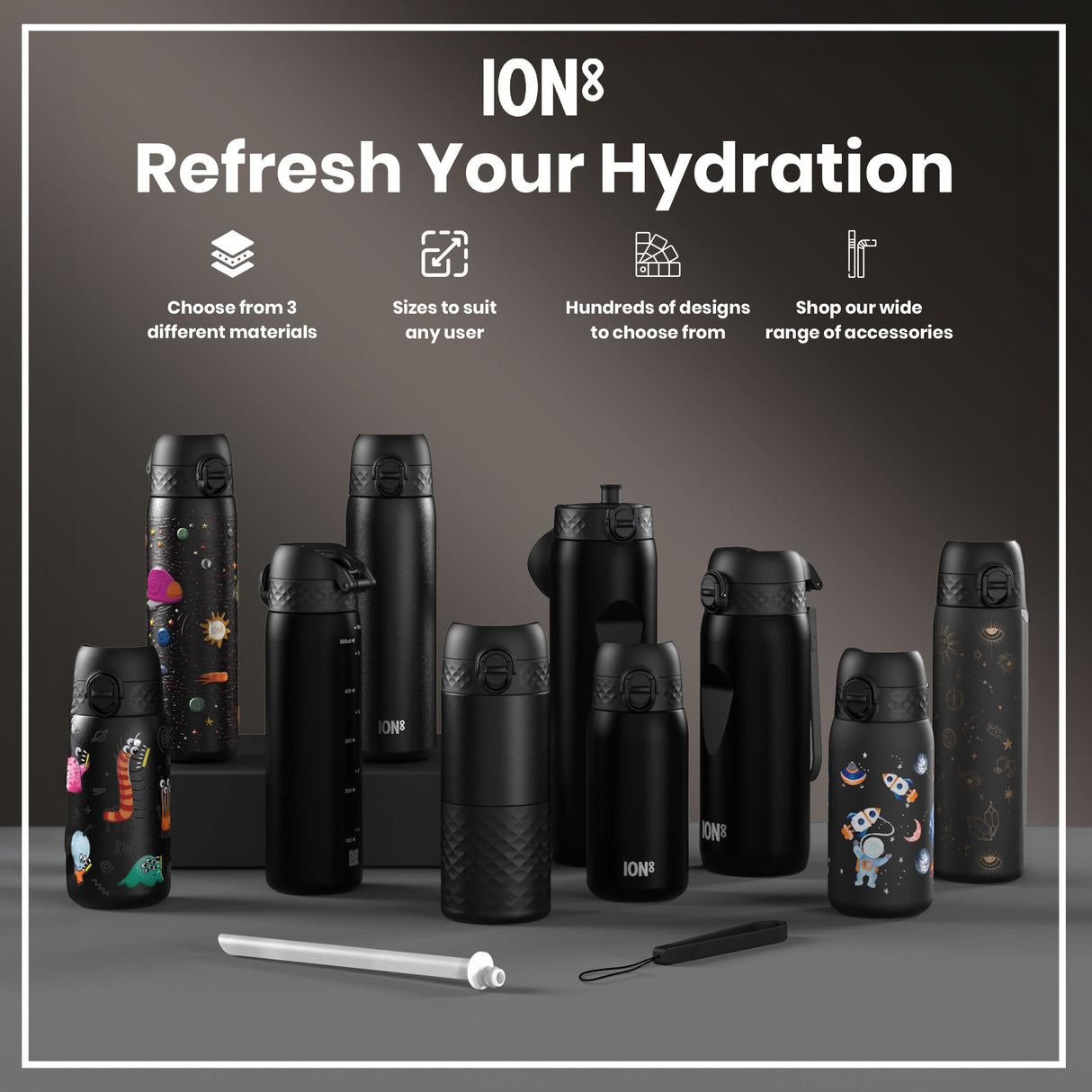 ION8 Leak Proof 1 litre Water Bottle, Recyclon, Black, 1L