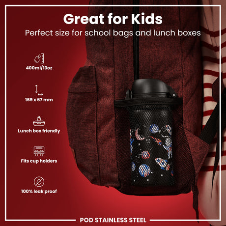 ION8 Leak Proof Kids Water Bottle, Stainless Steel, Space, 400ml (13oz)
