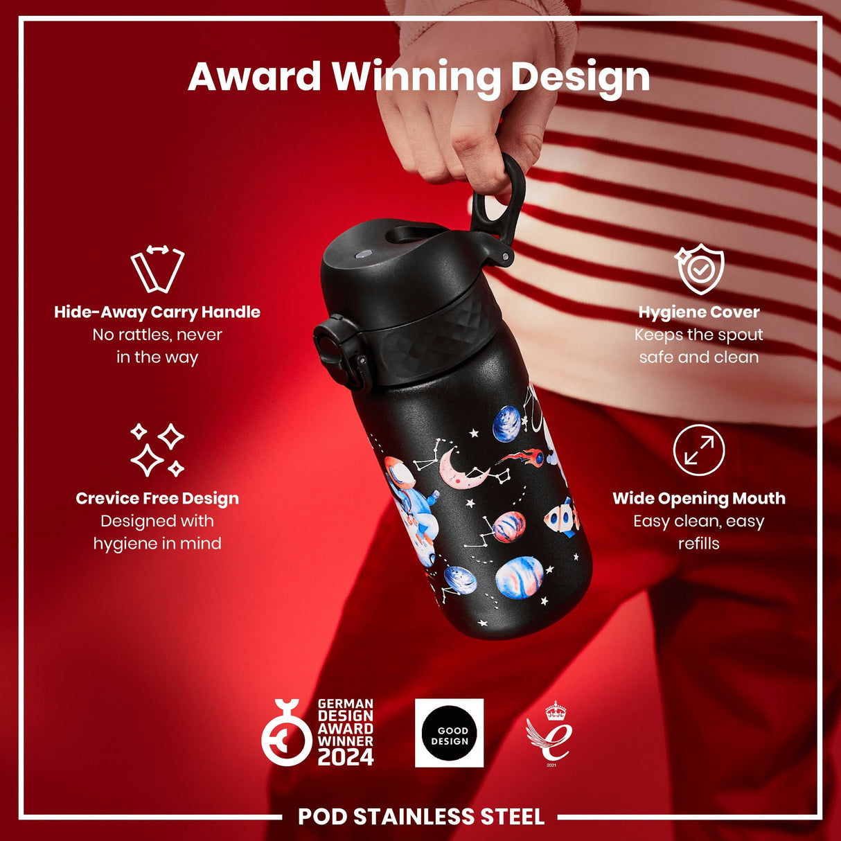 ION8 Leak Proof Kids Water Bottle, Stainless Steel, Space, 400ml (13oz)