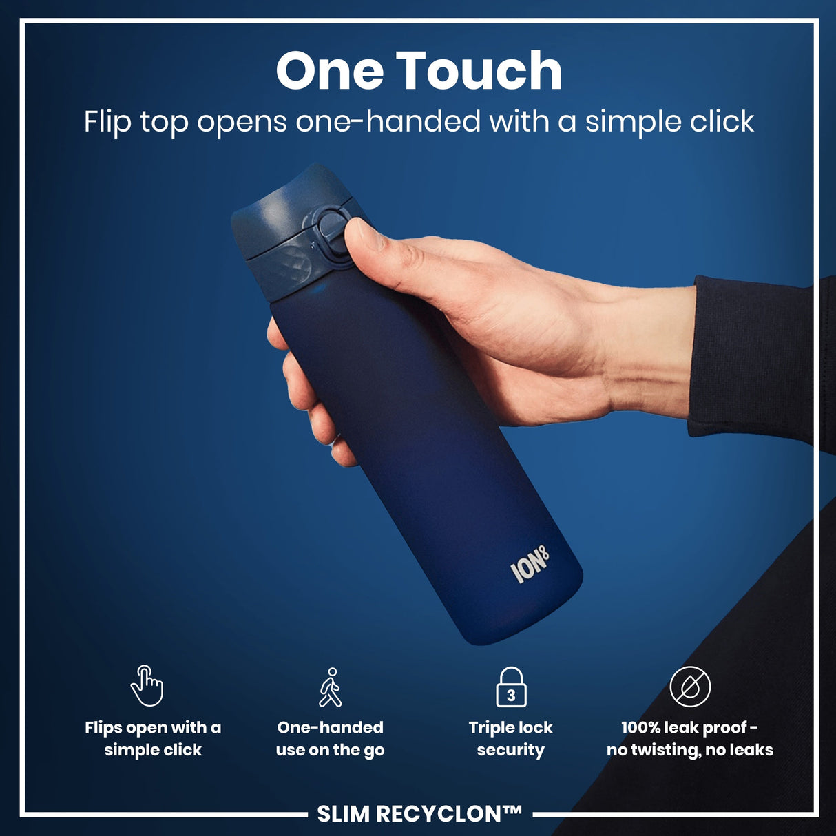 ION8 Leak Proof Slim Water Bottle, Recyclon, Navy, 500ml (18oz)