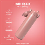ION8 Leak Proof Slim Water Bottle, Stainless Steel, Ash Rose, 600ml (20oz)