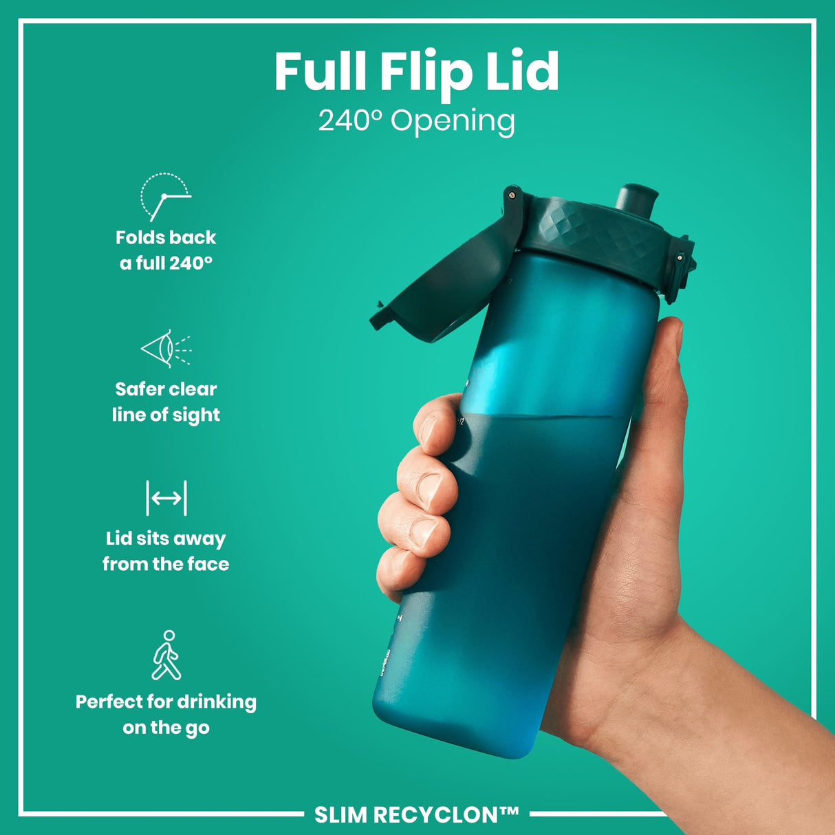 ION8 Leak Proof Slim Water Bottle, Recyclon, Aqua, 500ml (18oz)