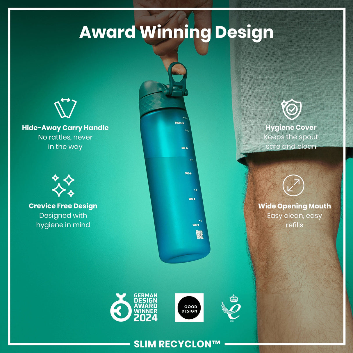 ION8 Leak Proof Slim Water Bottle, Recyclon, Aqua, 500ml (18oz)