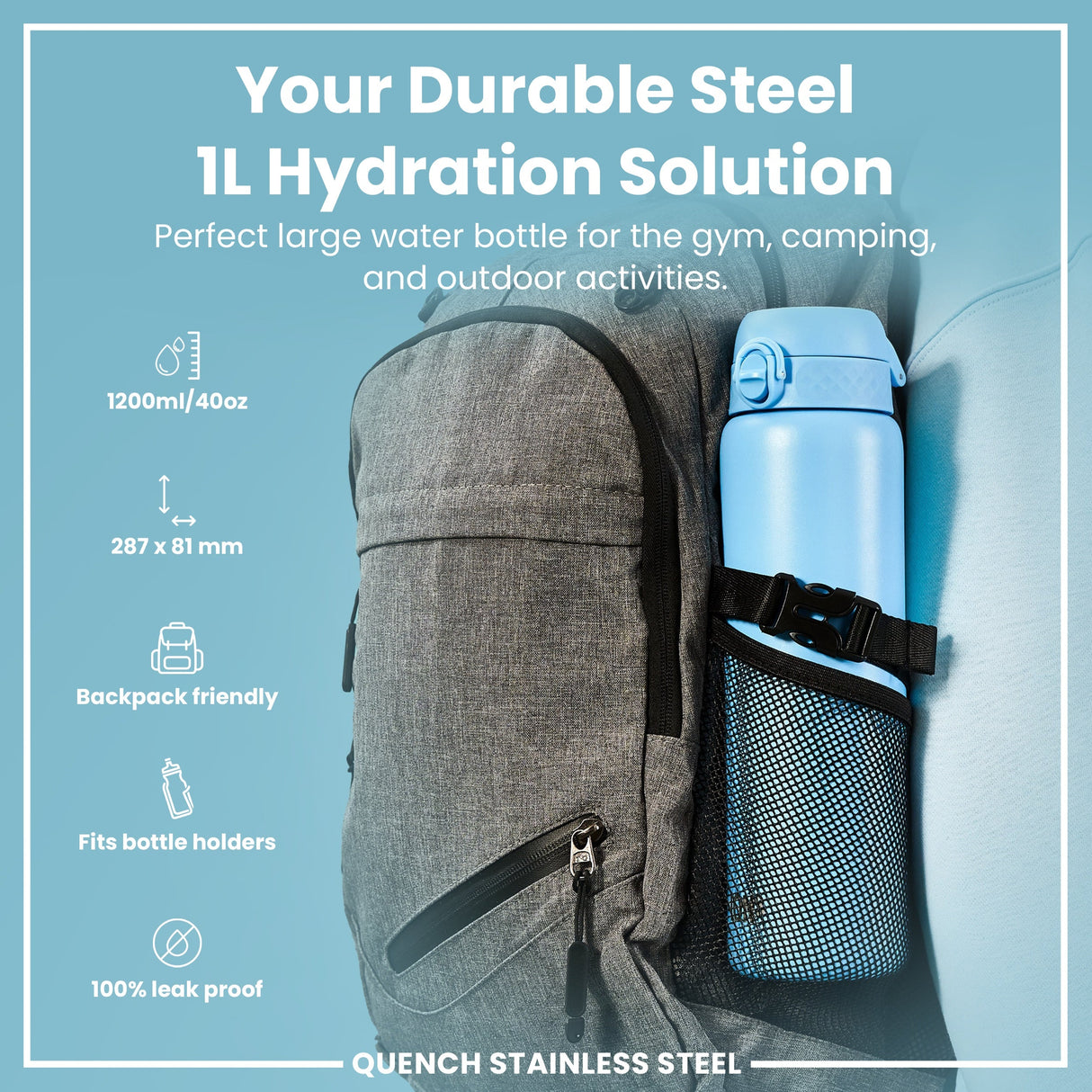 ION8 Leak Proof 1 Litre Water Bottle, Stainless Steel, Alaskan Blue, 1L