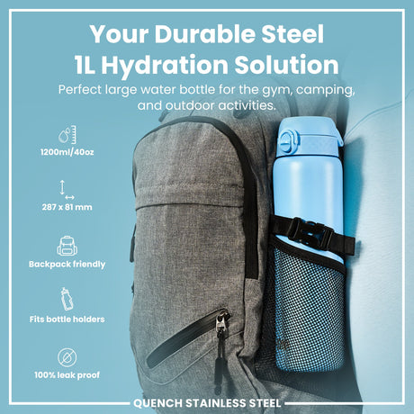 ION8 Leak Proof 1 Litre Water Bottle, Stainless Steel, Alaskan Blue, 1L
