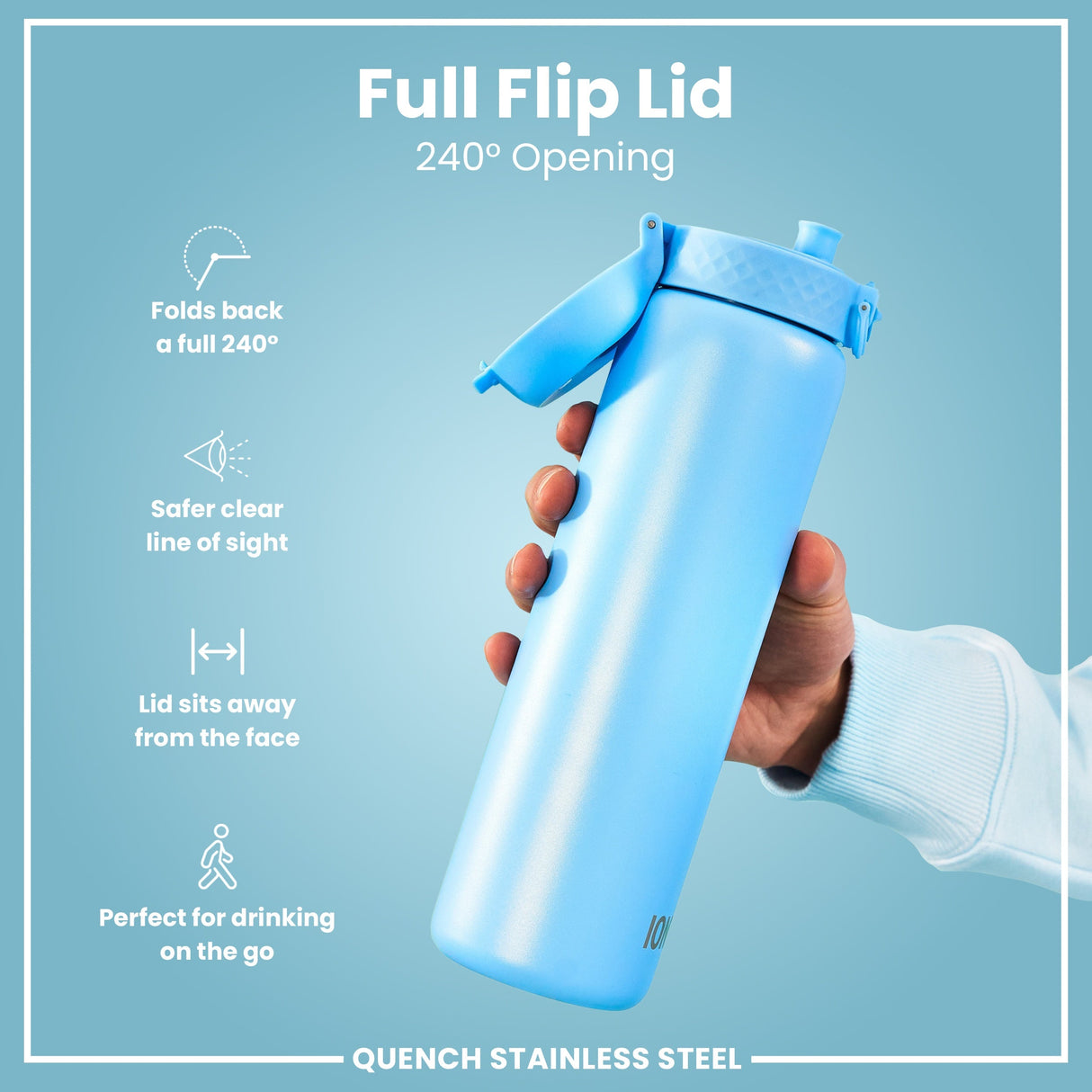 ION8 Leak Proof 1 Litre Water Bottle, Stainless Steel, Alaskan Blue, 1L