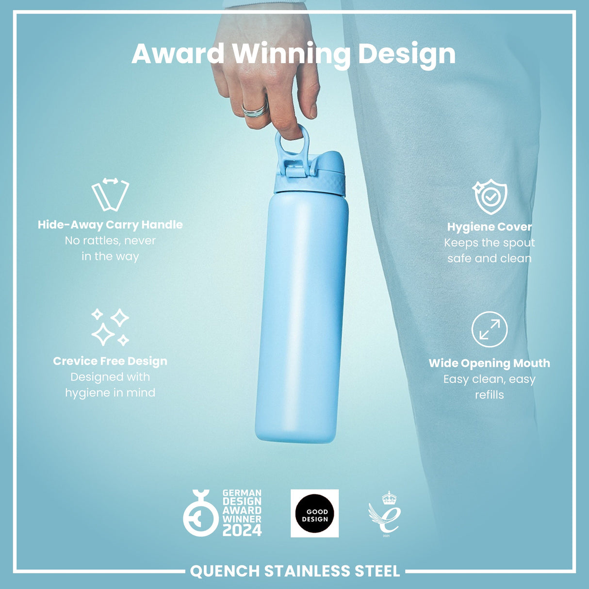 ION8 Leak Proof 1 Litre Water Bottle, Stainless Steel, Alaskan Blue, 1L