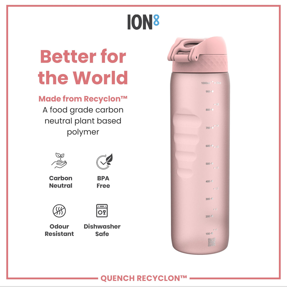 ION8 Leak Proof 1 litre Water Bottle, Recyclon, Rose Quartz, 1L