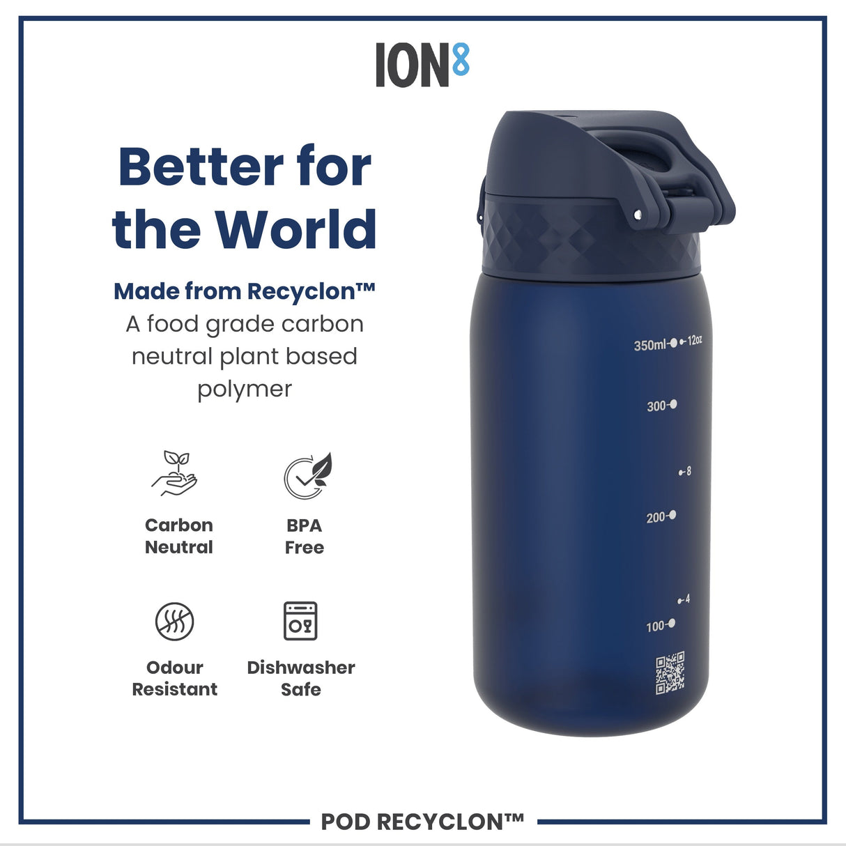 ION8 Leak Proof Kids Water Bottle, Recyclon, Navy, 350ml (12oz)