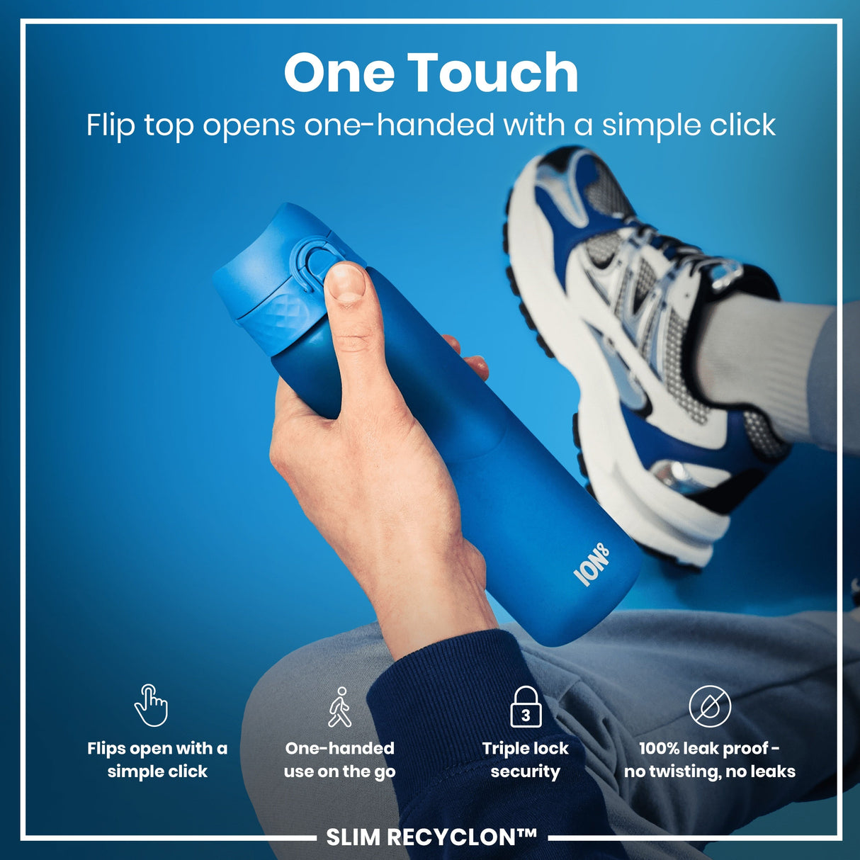 ION8 Leak Proof Slim Water Bottle, Recyclon, Blue, 500ml (18oz)