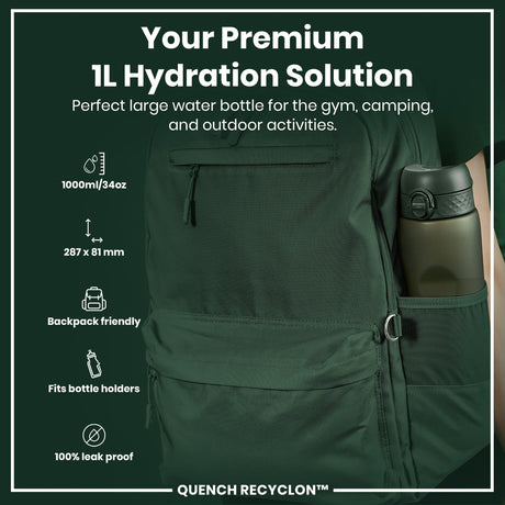 ION8 Leak Proof 1 litre Water Bottle, Recyclon, Dark Green, 1L
