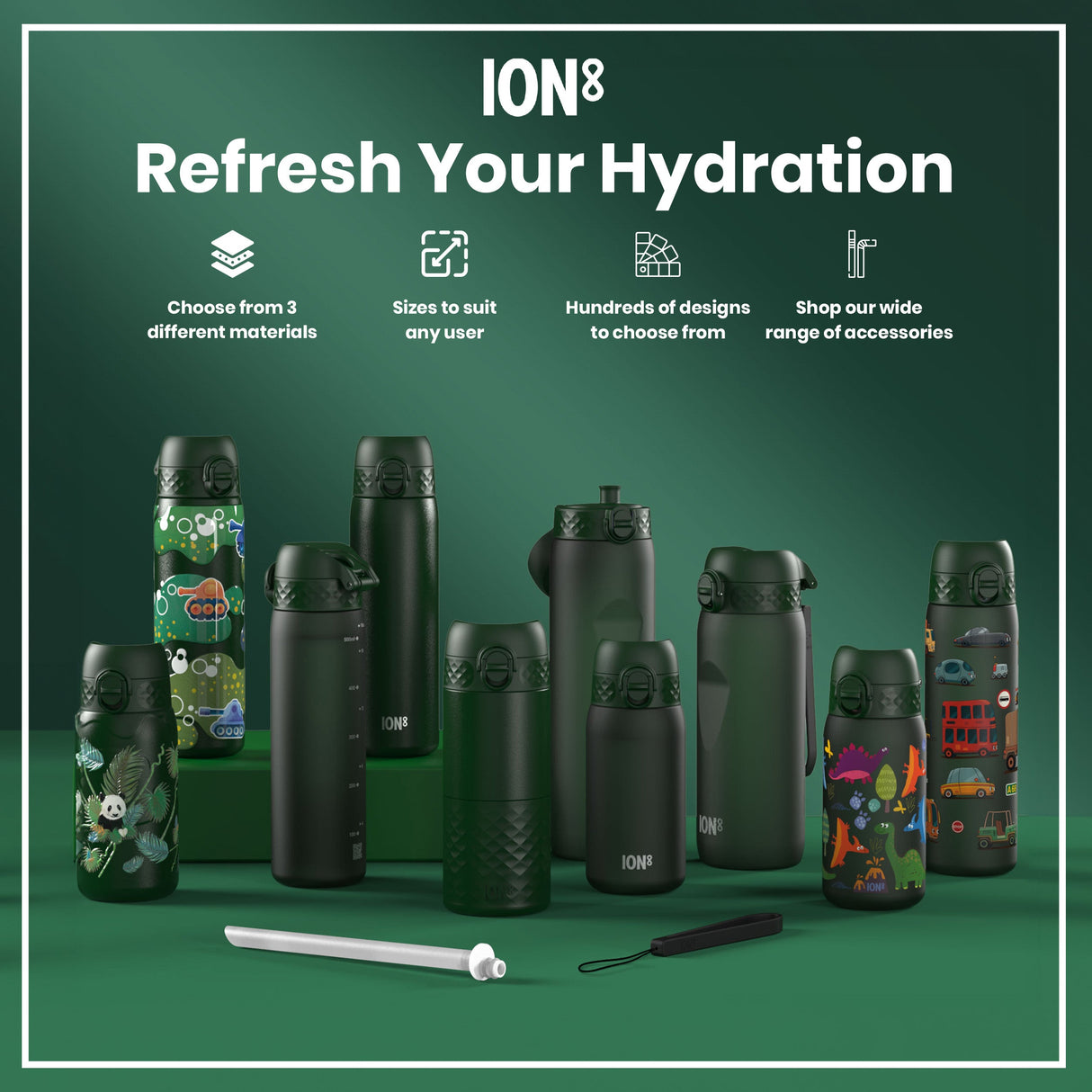 ION8 Leak Proof 1 litre Water Bottle, Recyclon, Dark Green, 1L