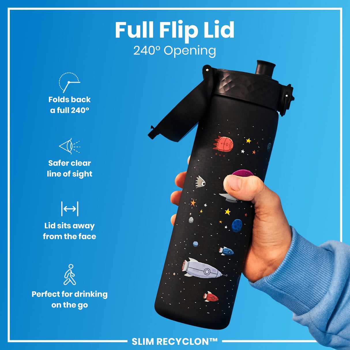 ION8 Leak Proof Slim Water Bottle, Recyclon, Spaceships, 500ml (18oz)