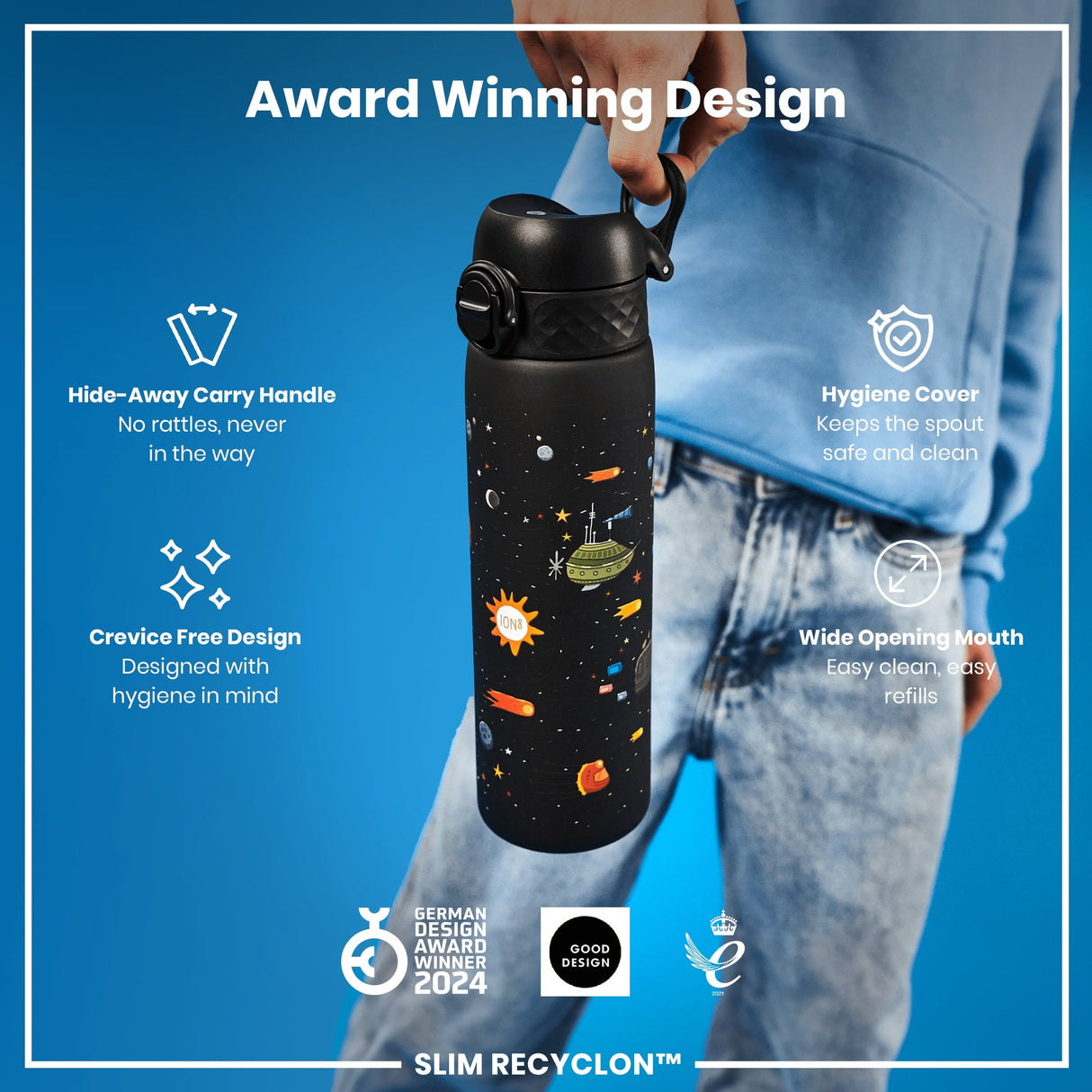 ION8 Leak Proof Slim Water Bottle, Recyclon, Spaceships, 500ml (18oz)