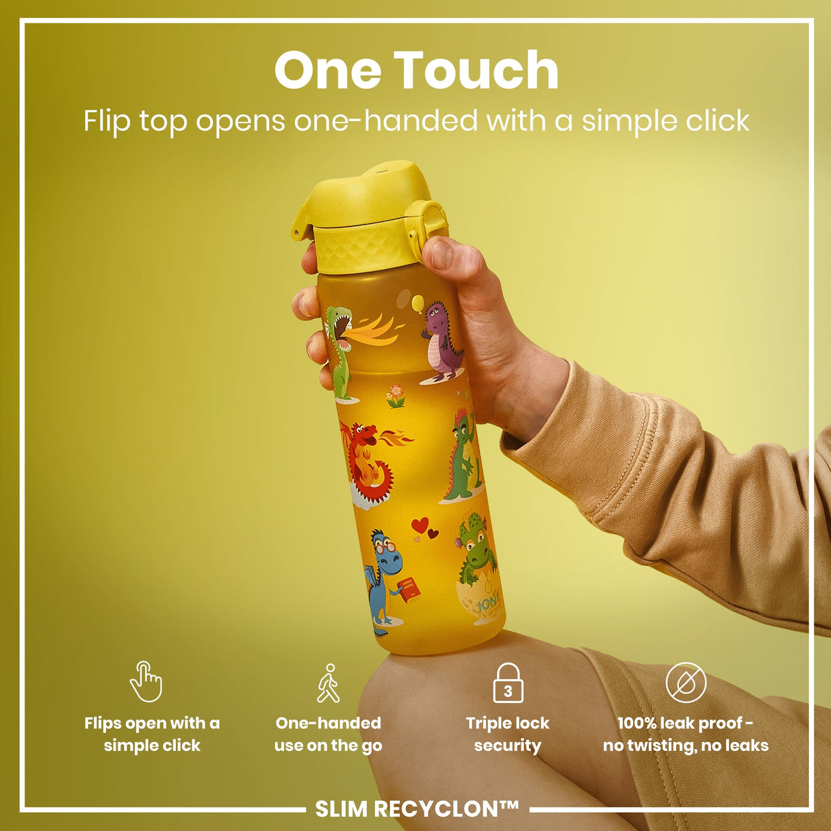 ION8 Leak Proof Slim Water Bottle, Recyclon, Dragons, 500ml (18oz)