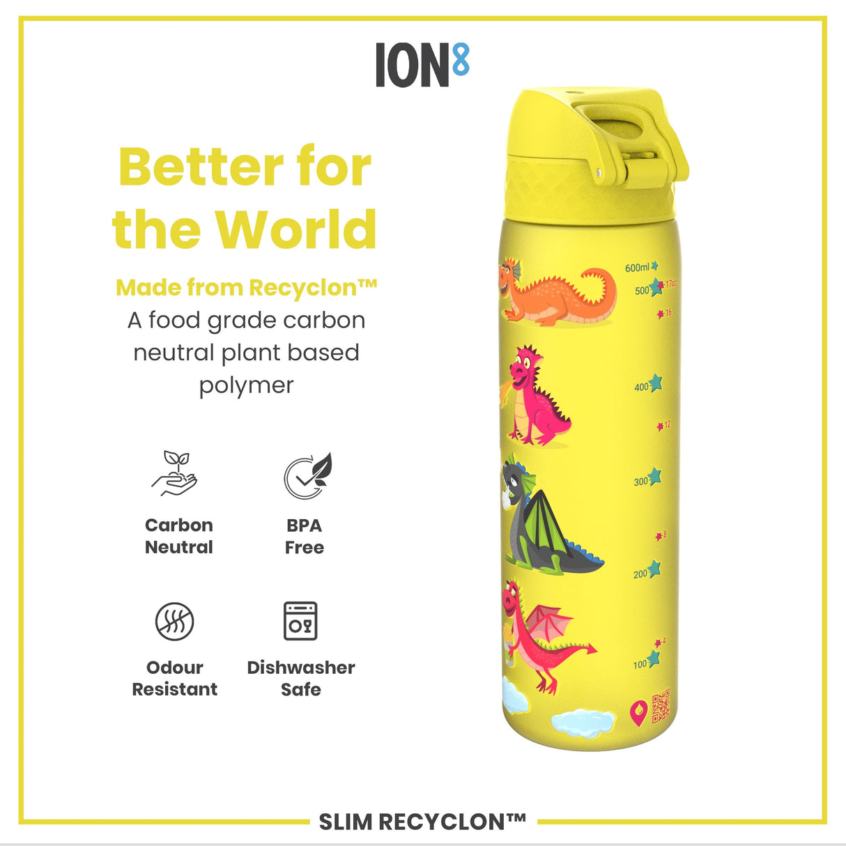 ION8 Leak Proof Slim Water Bottle, Recyclon, Dragons, 500ml (18oz)