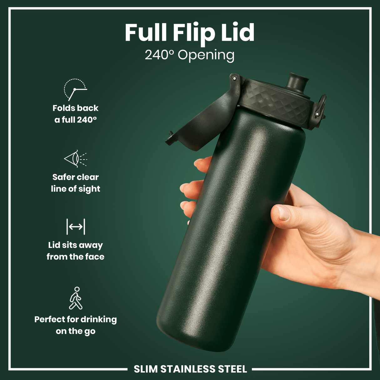ION8 Leak Proof Slim Water Bottle, Stainless Steel, Dark Green, 600ml (20oz)