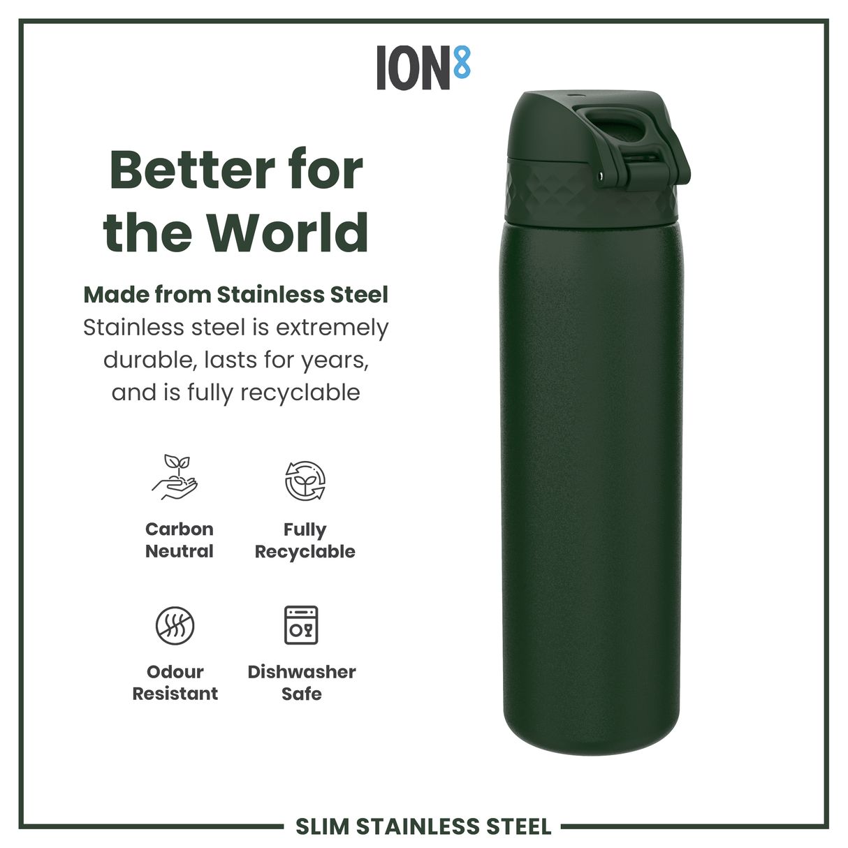 ION8 Leak Proof Slim Water Bottle, Stainless Steel, Dark Green, 600ml (20oz)