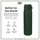 ION8 Leak Proof Slim Water Bottle, Stainless Steel, Dark Green, 600ml (20oz)