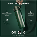 ION8 Leak Proof Slim Water Bottle, Stainless Steel, Dark Green, 600ml (20oz)