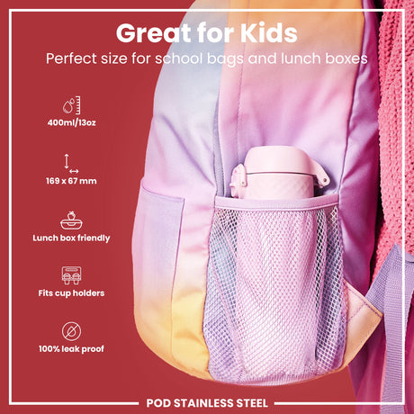 ION8 Leak Proof Kids Water Bottle, Stainless Steel, Lilac Dusk, 400ml (13oz)