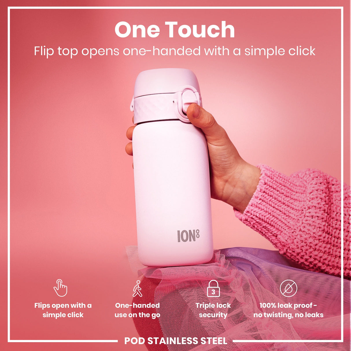 ION8 Leak Proof Kids Water Bottle, Stainless Steel, Lilac Dusk, 400ml (13oz)