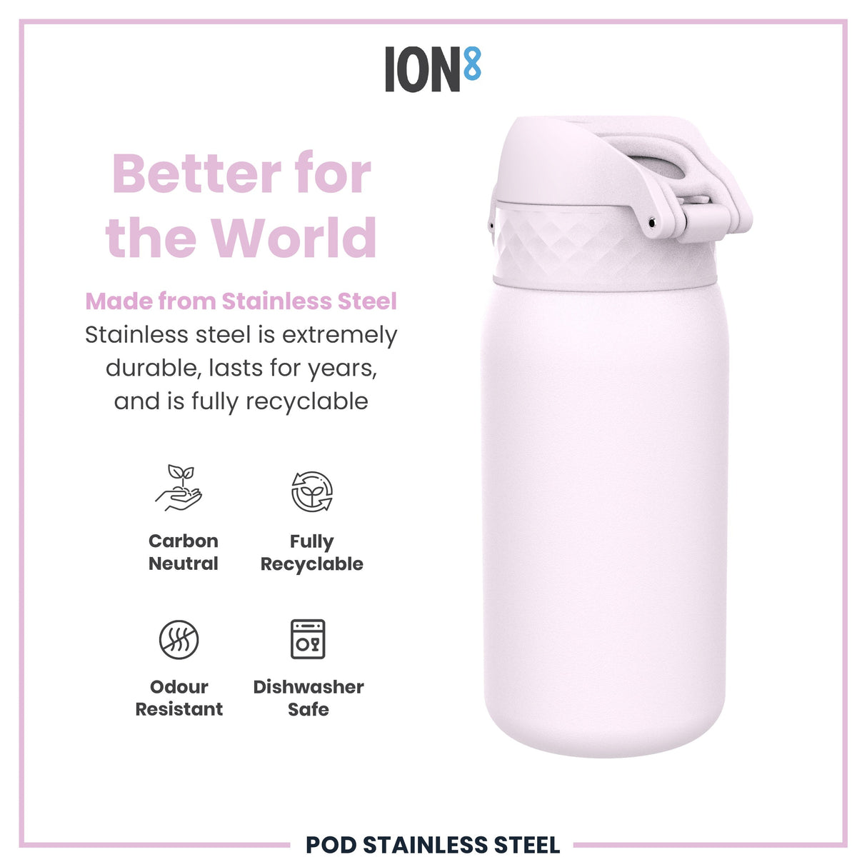 ION8 Leak Proof Kids Water Bottle, Stainless Steel, Lilac Dusk, 400ml (13oz)