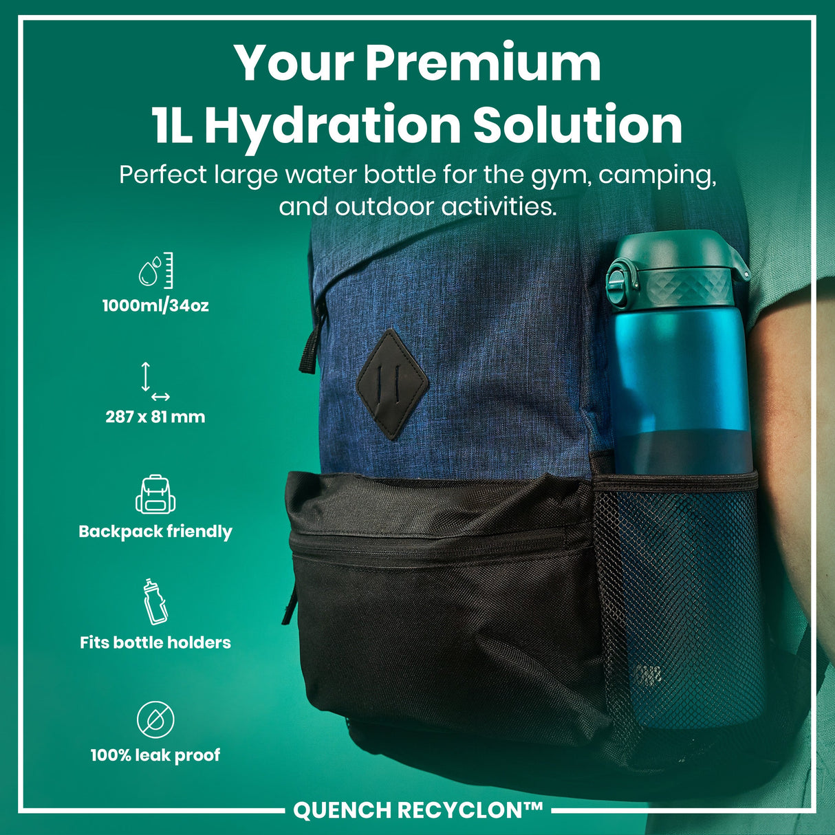 ION8 Leak Proof 1 litre Water Bottle, Recyclon, Aqua, 1L