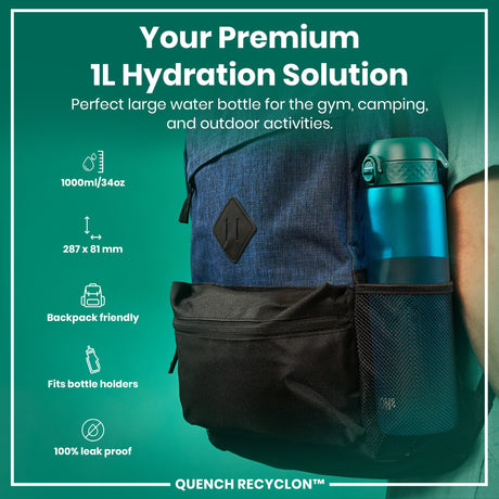 ION8 Leak Proof 1 litre Water Bottle, Recyclon, Aqua, 1L