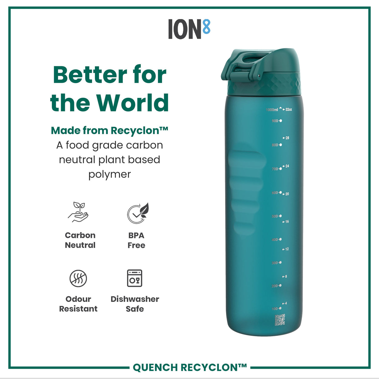 ION8 Leak Proof 1 litre Water Bottle, Recyclon, Aqua, 1L