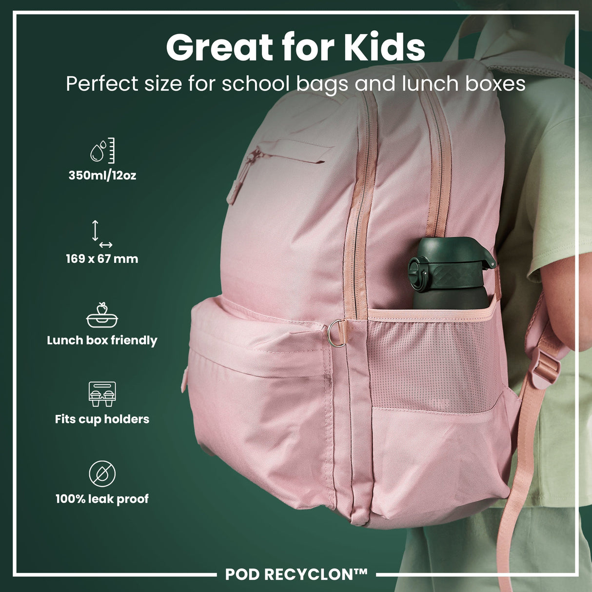 ION8 Leak Proof Kids Water Bottle, Recyclon, Dark Green, 350ml (12oz)