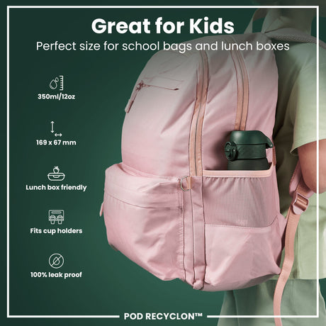 ION8 Leak Proof Kids Water Bottle, Recyclon, Dark Green, 350ml (12oz)