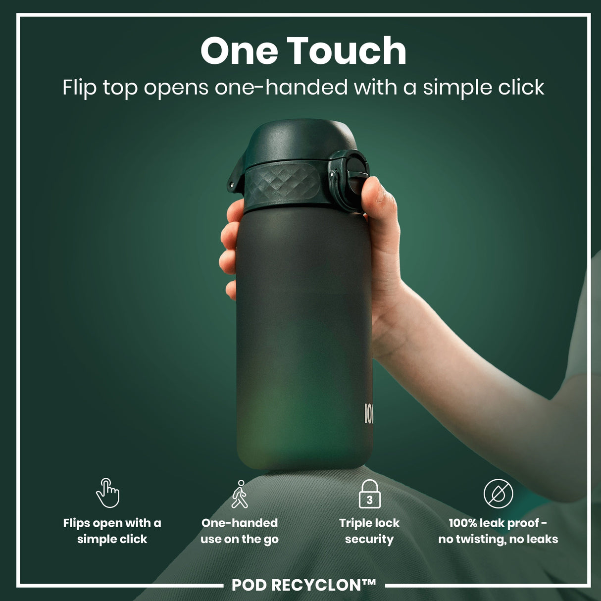 ION8 Leak Proof Kids Water Bottle, Recyclon, Dark Green, 350ml (12oz)