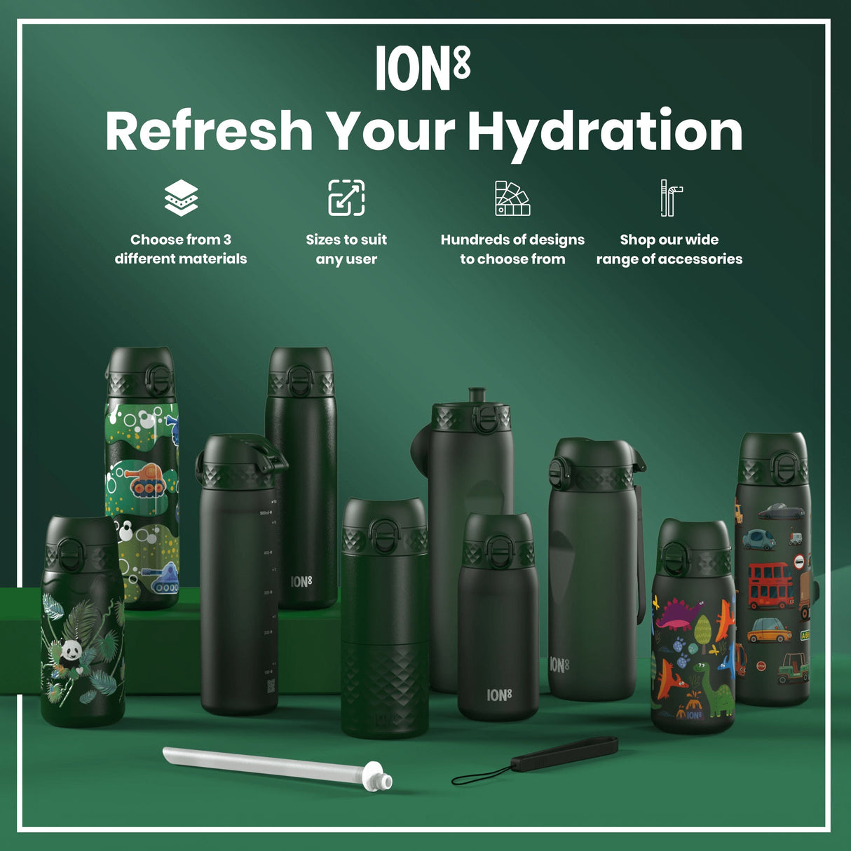 ION8 Leak Proof Kids Water Bottle, Recyclon, Dark Green, 350ml (12oz)