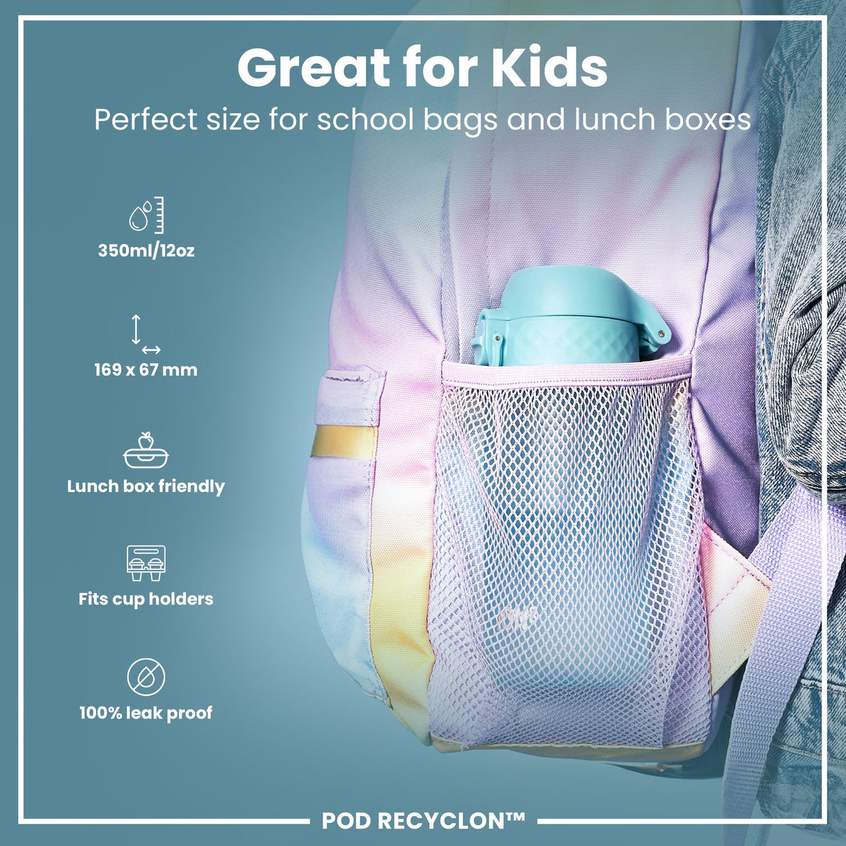ION8 Leak Proof Kids Water Bottle, Recyclon, Sonic Blue, 350ml (12oz)