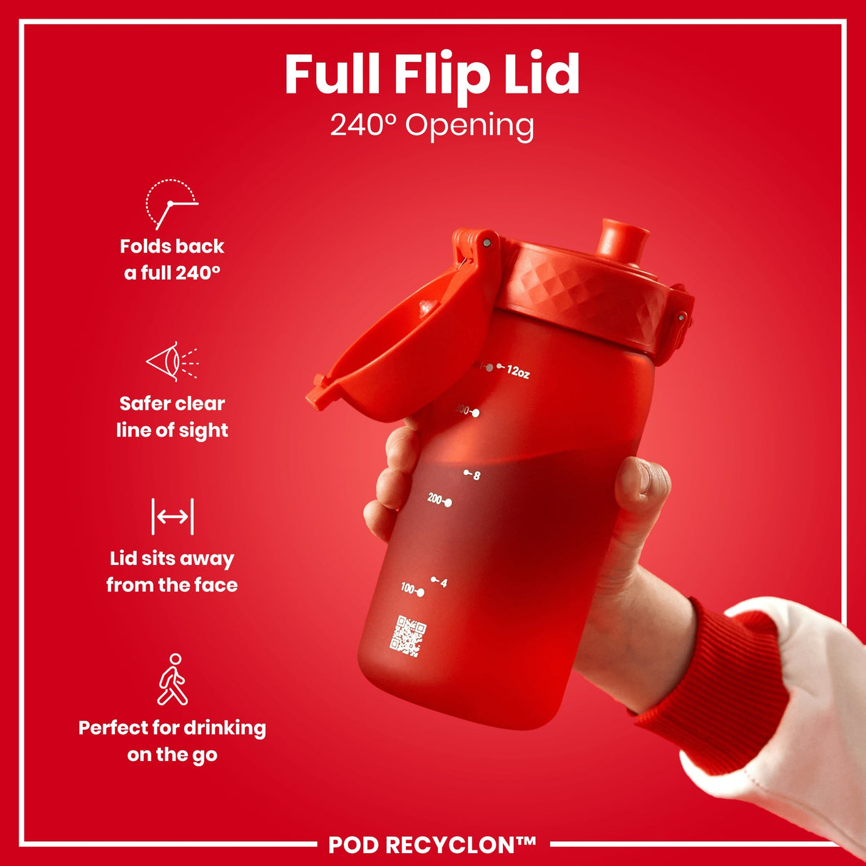 ION8 Leak Proof Kids Water Bottle, Recyclon, Red, 350ml (12oz)