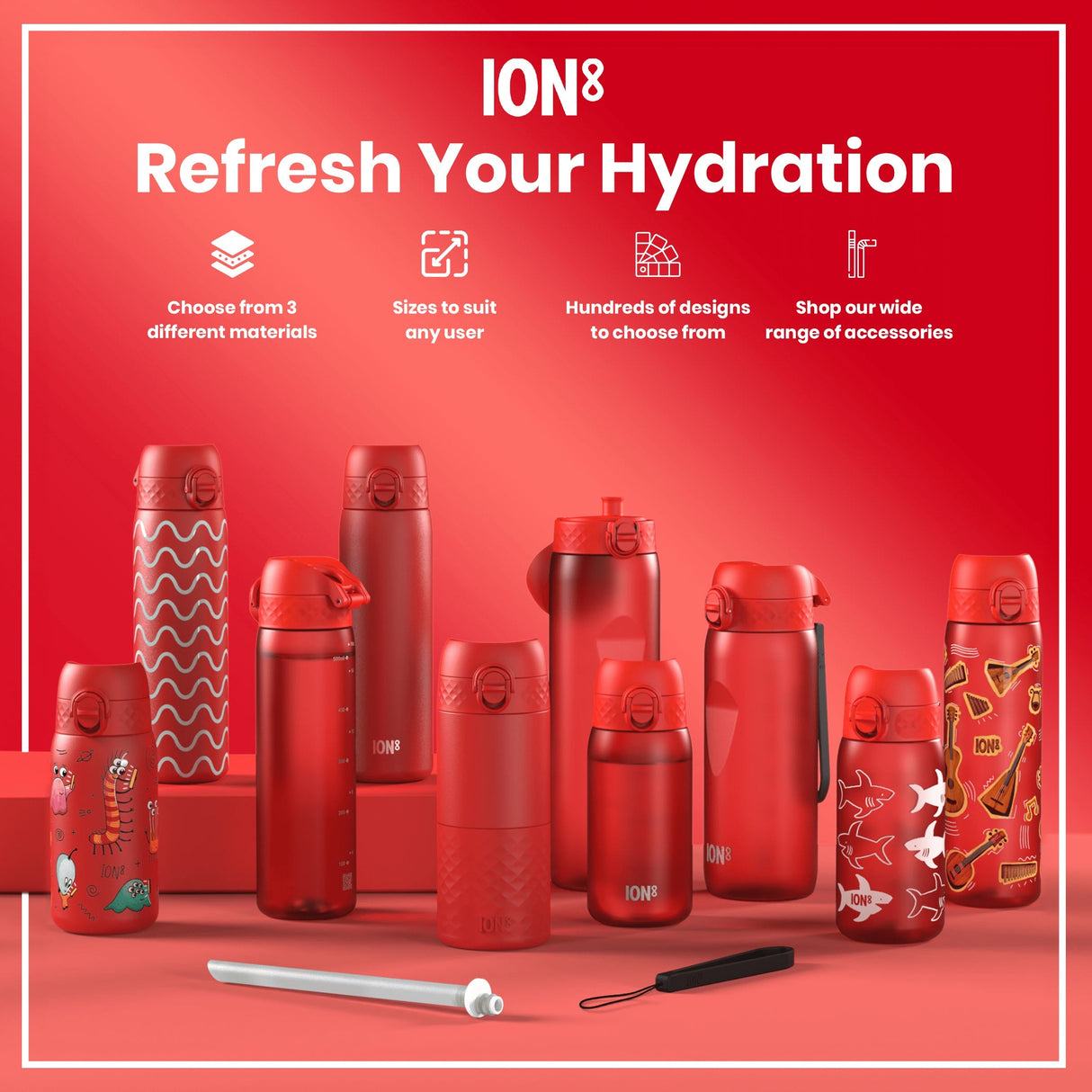 ION8 Leak Proof Kids Water Bottle, Recyclon, Red, 350ml (12oz)