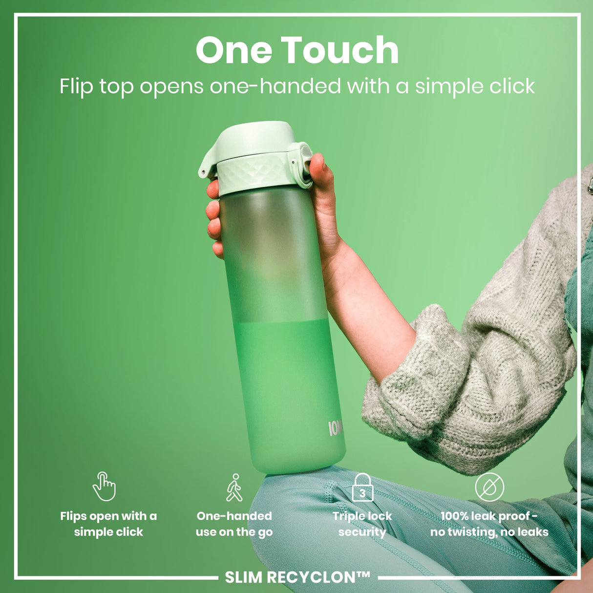 ION8 Leak Proof Slim Water Bottle, Recyclon, Surf Green, 500ml (18oz)