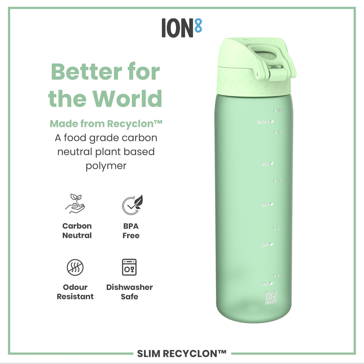 ION8 Leak Proof Slim Water Bottle, Recyclon, Surf Green, 500ml (18oz)