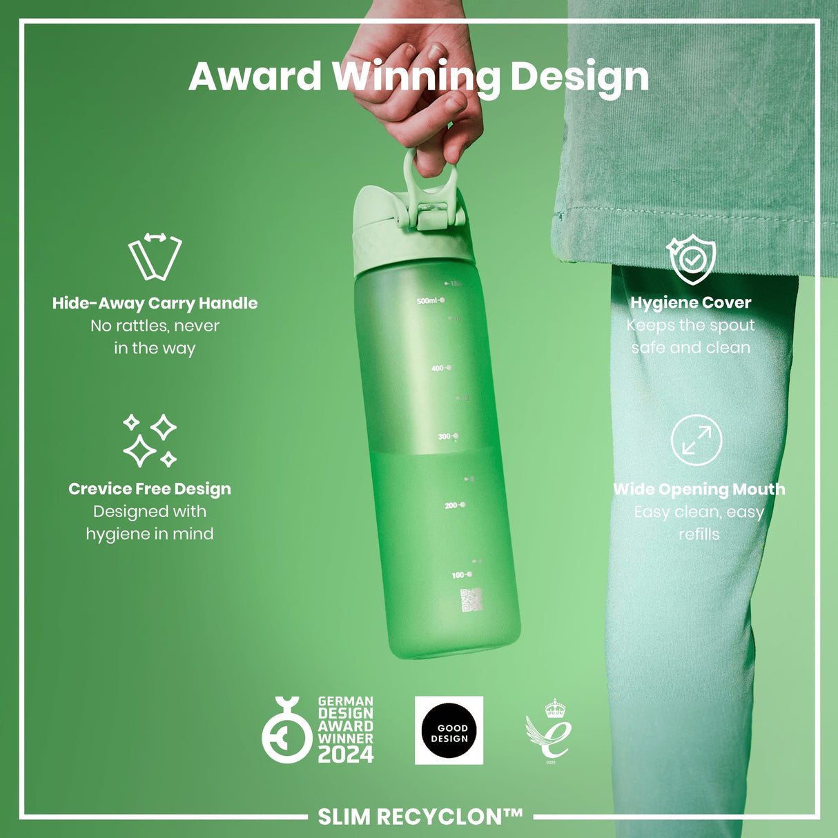 ION8 Leak Proof Slim Water Bottle, Recyclon, Surf Green, 500ml (18oz)