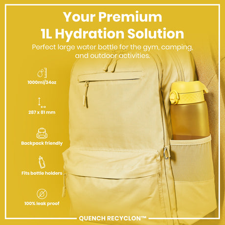 ION8 Leak Proof 1 litre Water Bottle, Recyclon, Yellow, 1L